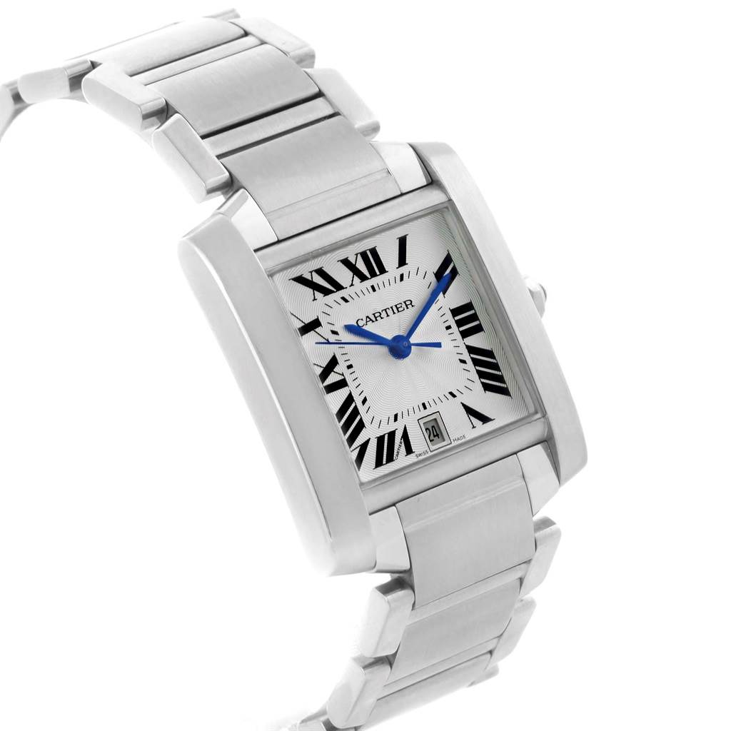 The Cartier Tank Francaise W51002Q3 Men
s Stainless Steel Silver Dial W51002Q3 Men
s Stainless Steel Silver Dial watch is shown from an oblique angle, highlighting its rectangular face, roman numerals, and metal bracelet.