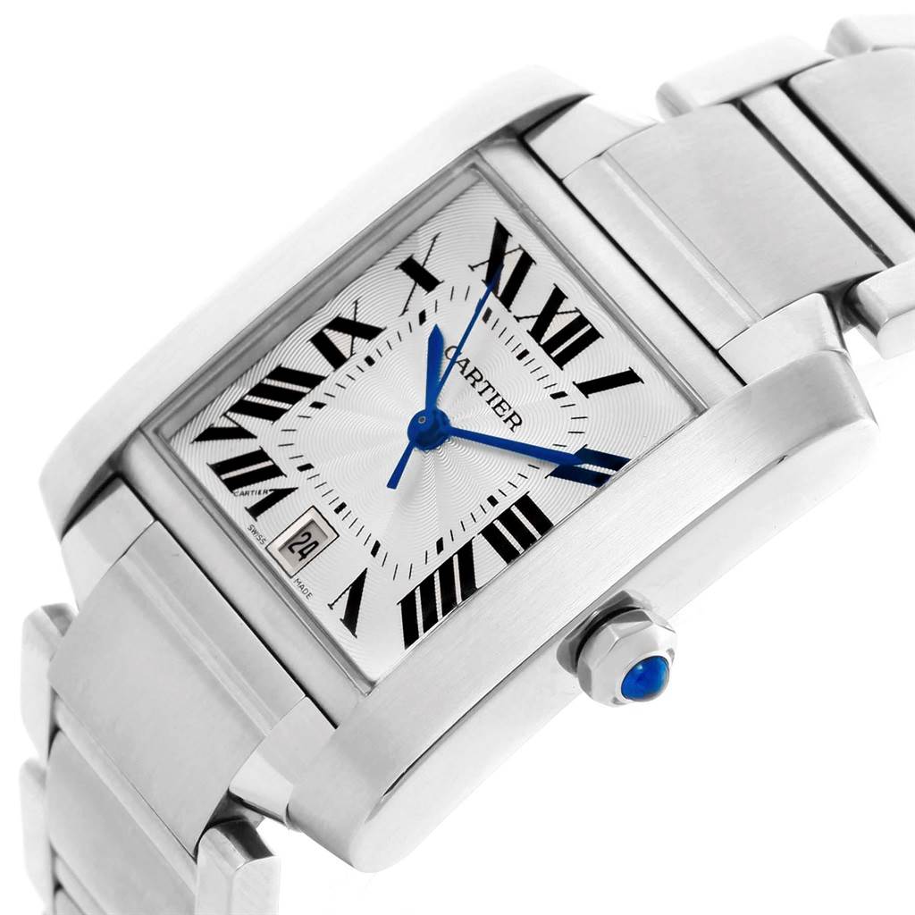 The image shows a Cartier Tank Francaise W51002Q3 Men
s Stainless Steel Silver Dial W51002Q3 Men
s Stainless Steel Silver Dial watch at an angled view, highlighting its rectangular face, blue hands, Roman numerals, and stainless steel bracelet.