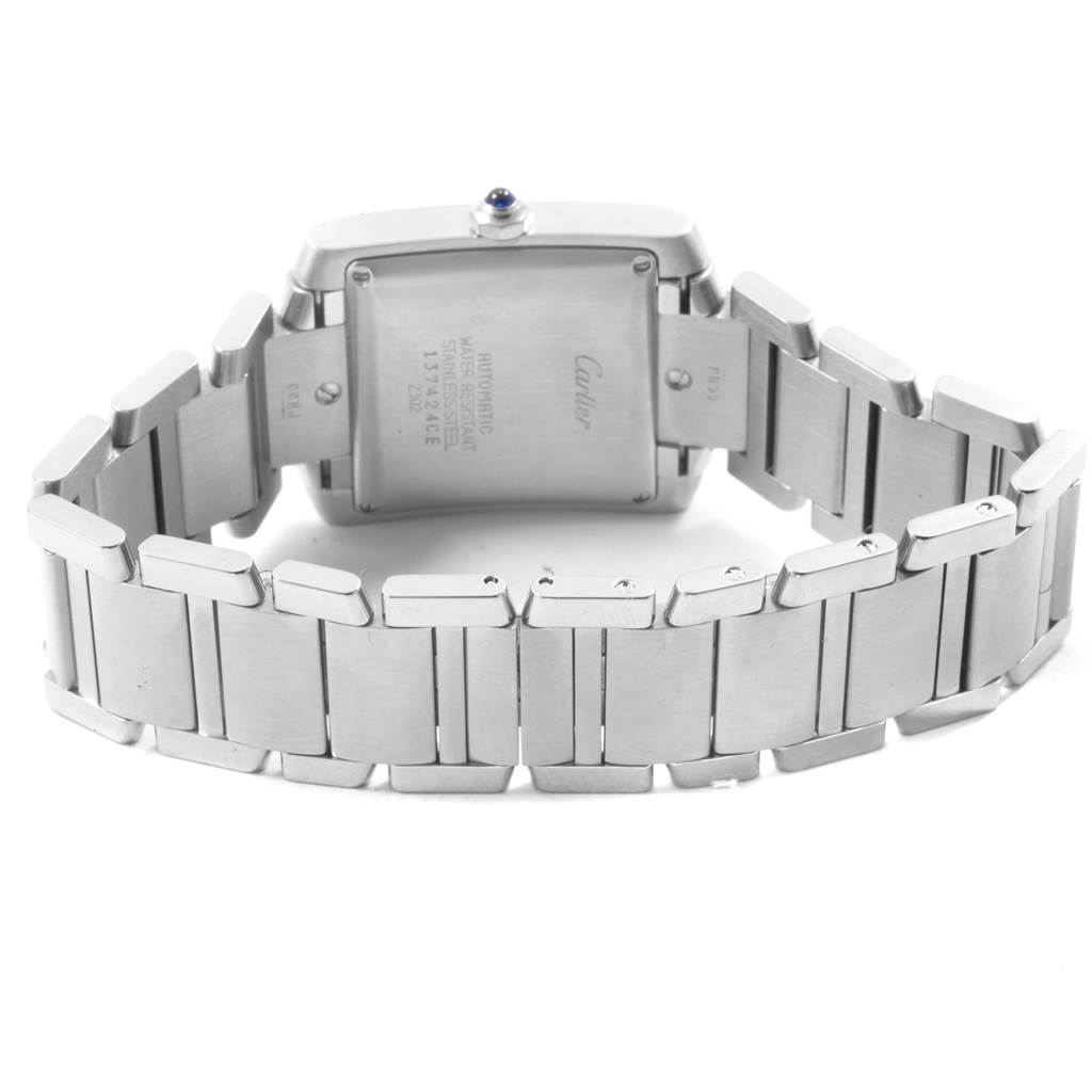 This image shows the back of the Cartier Tank Francaise W51002Q3 Men
s Stainless Steel Silver Dial W51002Q3 Men
s Stainless Steel Silver Dial watch, highlighting the stainless steel bracelet and case.