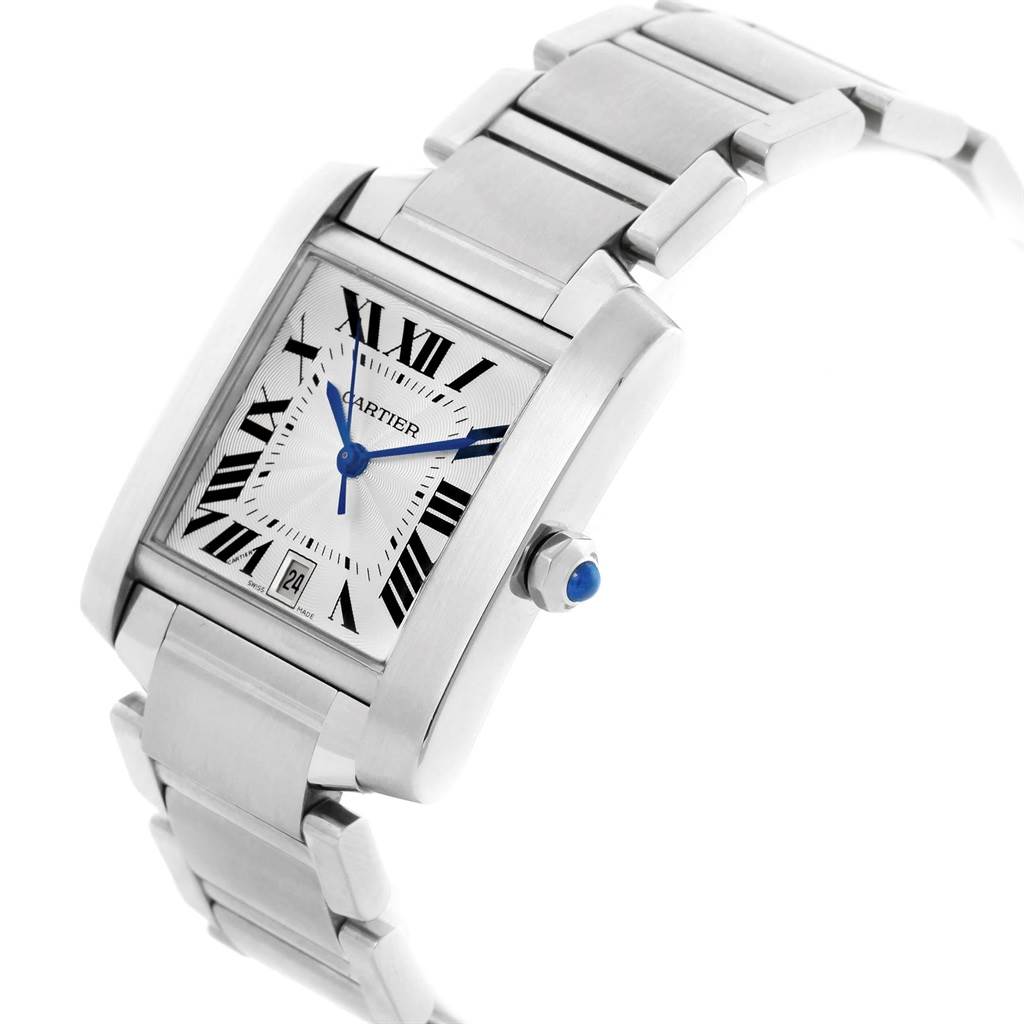 This Cartier Tank Francaise W51002Q3 Men
s Stainless Steel Silver Dial W51002Q3 Men
s Stainless Steel Silver Dial watch is shown at an angled front view, highlighting its square dial and metal bracelet.