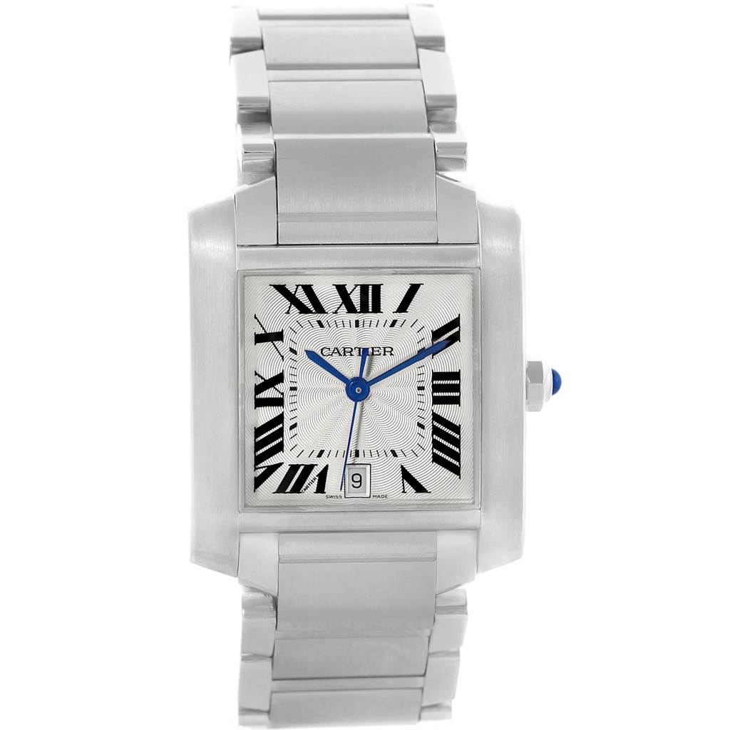 This is a front-facing view of the Cartier Tank Francaise W51002Q3 Men's Stainless Steel Silver Dial W51002Q3 Men's Stainless Steel Silver Dial watch, showing the dial, hands, Roman numerals, bracelet, and crown.