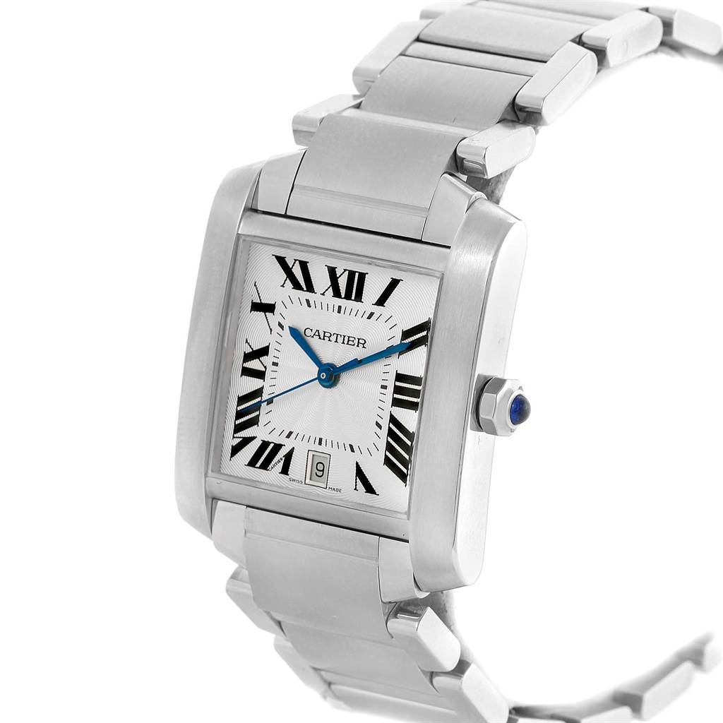 The image shows a Cartier Tank Francaise W51002Q3 Men's Stainless Steel Silver Dial W51002Q3 Men's Stainless Steel Silver Dial watch at a slight angle, displaying the face, Roman numerals, and part of the metal band.