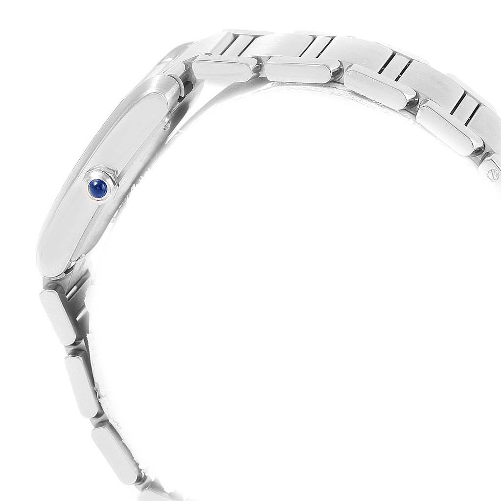 This image shows a side view of the Cartier Tank Francaise W51002Q3 Men's Stainless Steel Silver Dial W51002Q3 Men's Stainless Steel Silver Dial watch, focusing on the metal bracelet and crown with a blue gemstone.