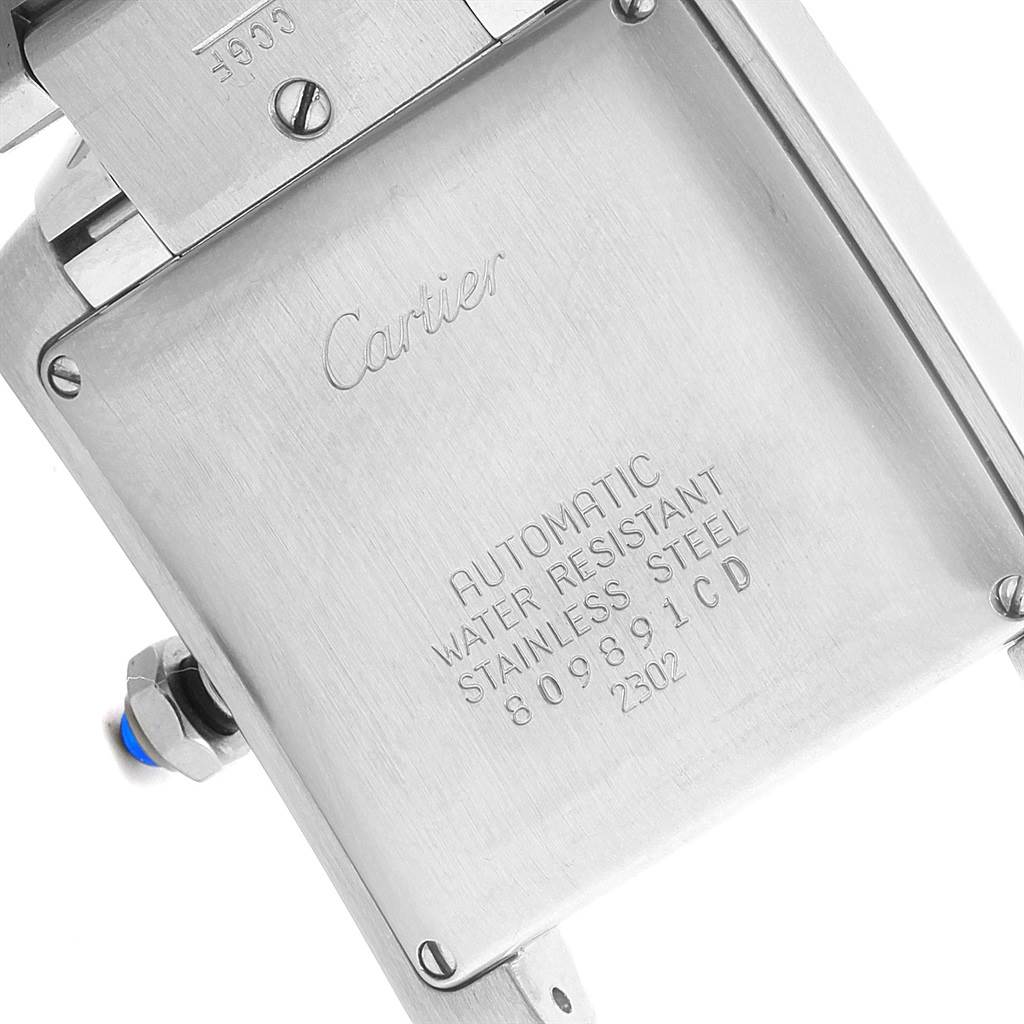 The image shows the back case of a Cartier Tank Francaise W51002Q3 Men's Stainless Steel Silver Dial W51002Q3 Men's Stainless Steel Silver Dial watch, highlighting the model details and material.