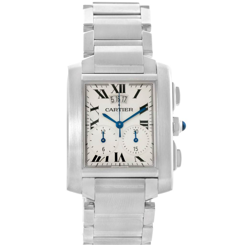 The Cartier Tank Francaise W51024Q3 Men's Stainless Steel Silver Dial W51024Q3 Men's Stainless Steel Silver Dial watch is shown from a front angle, displaying the face, bracelet, and side buttons.