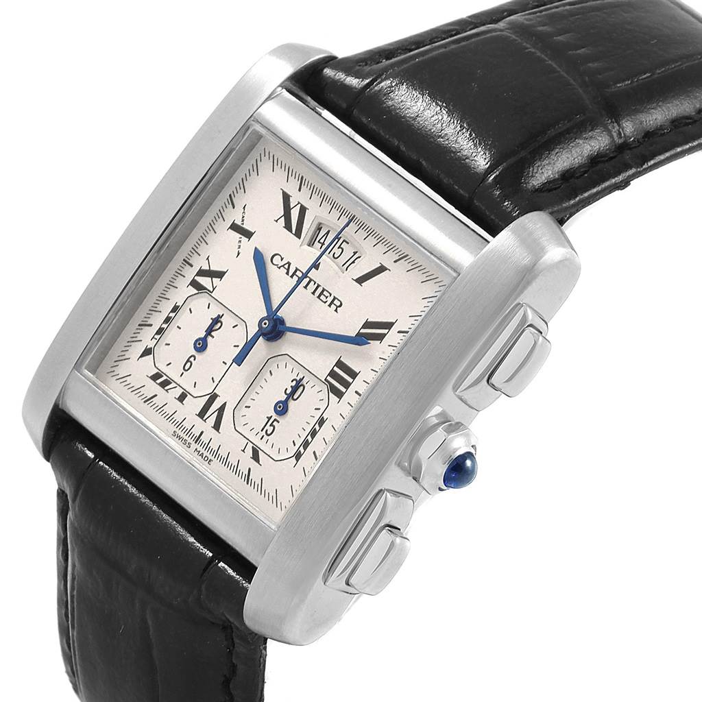 The Cartier Tank Francaise W5101455 Men
s Stainless Steel Silver Dial W5101455 Men
s Stainless Steel Silver Dial watch is shown at an angled close-up, highlighting its face, bezel, lugs, and part of the black leather strap.