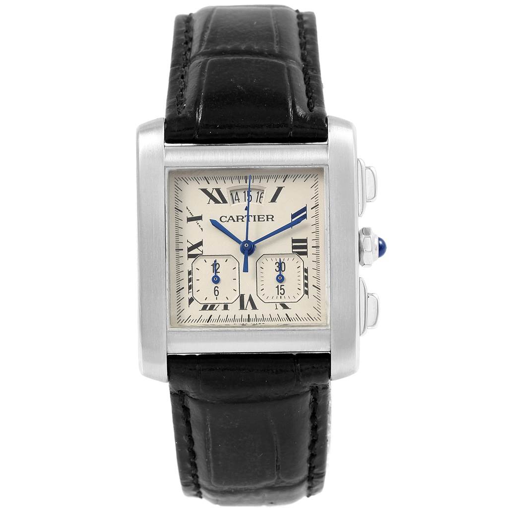 This image shows a front view of a Cartier Tank Francaise W5101455 Men
s Stainless Steel Silver Dial W5101455 Men
s Stainless Steel Silver Dial watch, displaying its face, case, and black leather strap.