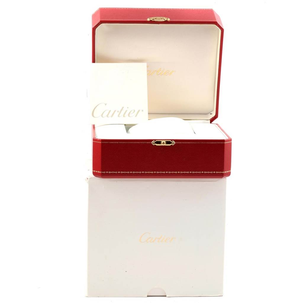 The image shows a Cartier Tank Francaise W5101455 Men
s Stainless Steel Silver Dial W5101455 Men
s Stainless Steel Silver Dial watch box, open and displaying the Cartier logo card, with the outer packaging box underneath.