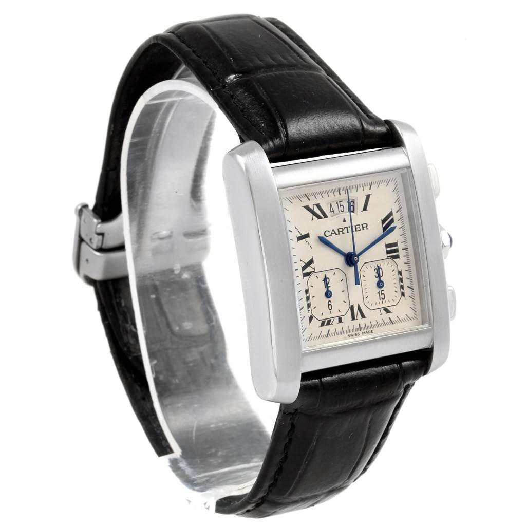 The Cartier Tank Francaise W5101455 Men
s Stainless Steel Silver Dial W5101455 Men
s Stainless Steel Silver Dial watch is shown at an angle emphasizing the dial, case, and black leather strap.