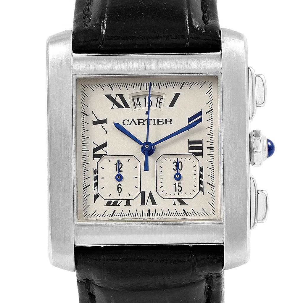 The image shows a Cartier Tank Francaise W5101455 Men
s Stainless Steel Silver Dial W5101455 Men
s Stainless Steel Silver Dial watch face-on, highlighting the Roman numeral dial, subdials, and the black leather strap.
