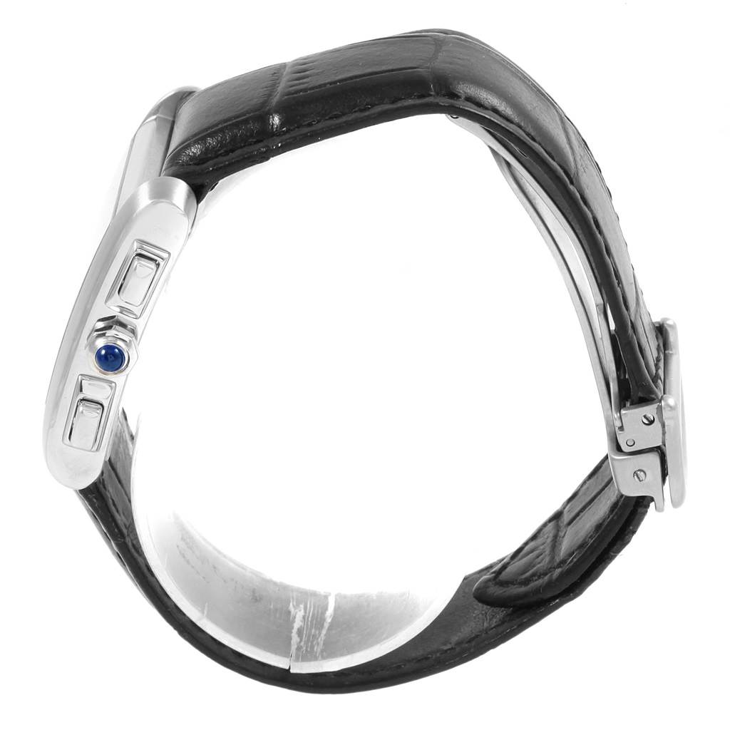 The Cartier Tank Francaise W5101455 Men
s Stainless Steel Silver Dial W5101455 Men
s Stainless Steel Silver Dial watch is shown from the side view, highlighting the crown and side buttons.