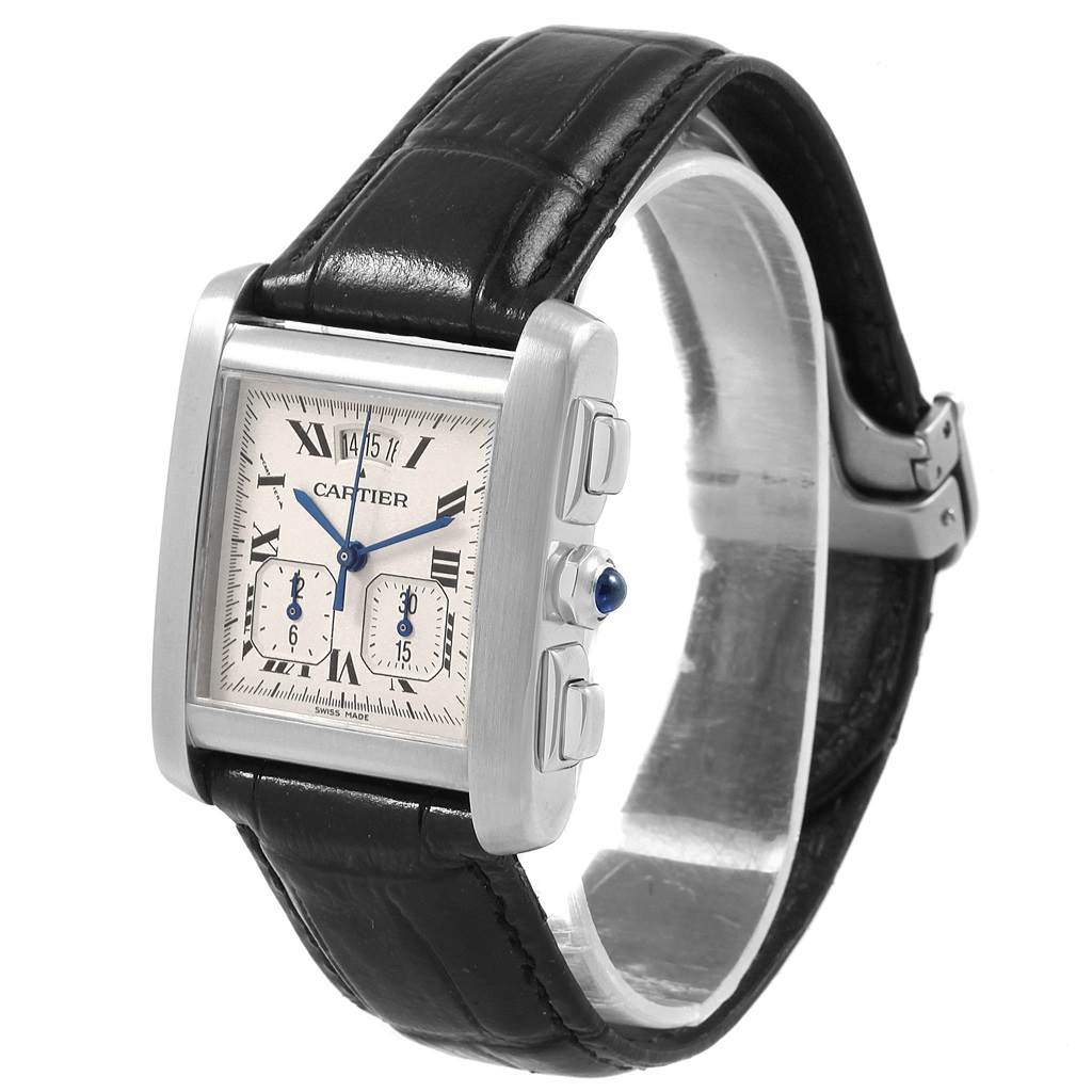 The Cartier Tank Francaise W5101455 Men
s Stainless Steel Silver Dial W5101455 Men
s Stainless Steel Silver Dial watch is shown at a three-quarter angle, displaying its face, crown, and black leather strap.
