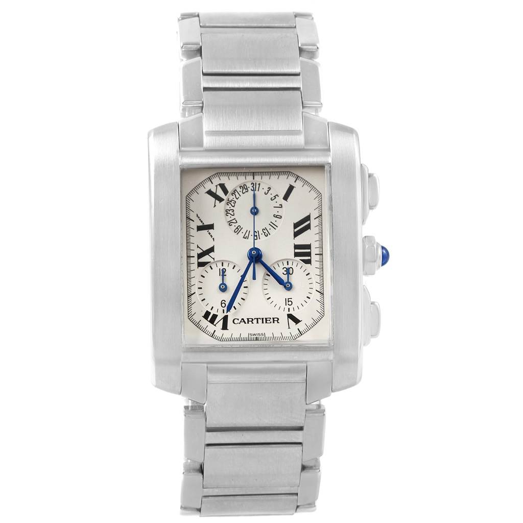 The image shows a Tank Française model by Cartier from a straight-on angle, highlighting its rectangular face and metal bracelet.