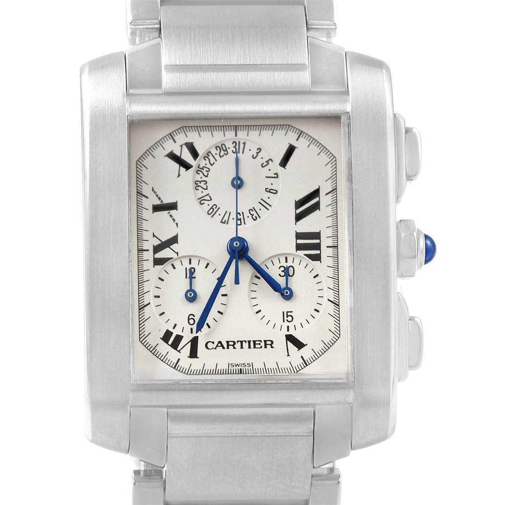 This image shows a front view of the watchface and part of the stainless steel bracelet of a Cartier Tank Française model.