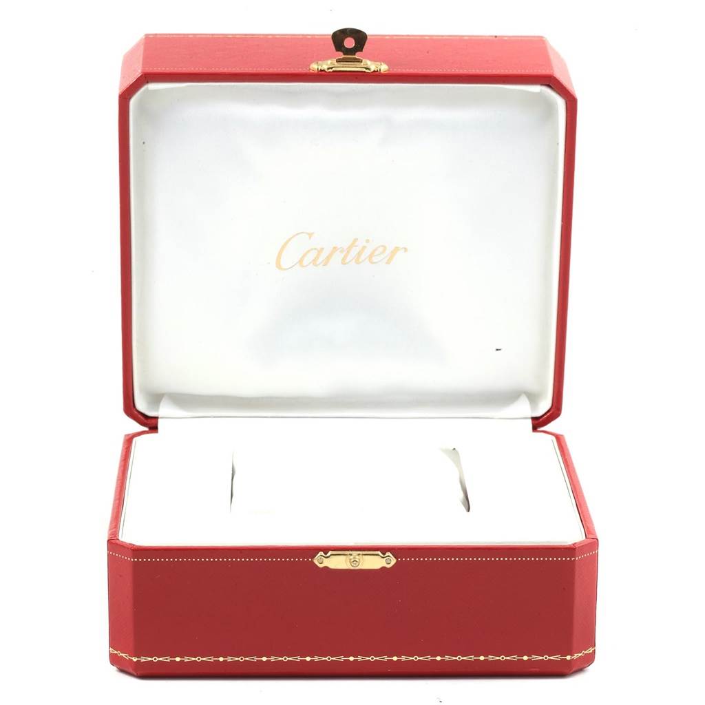 This image shows an open Cartier red box for the Tank Francaise model watch.
