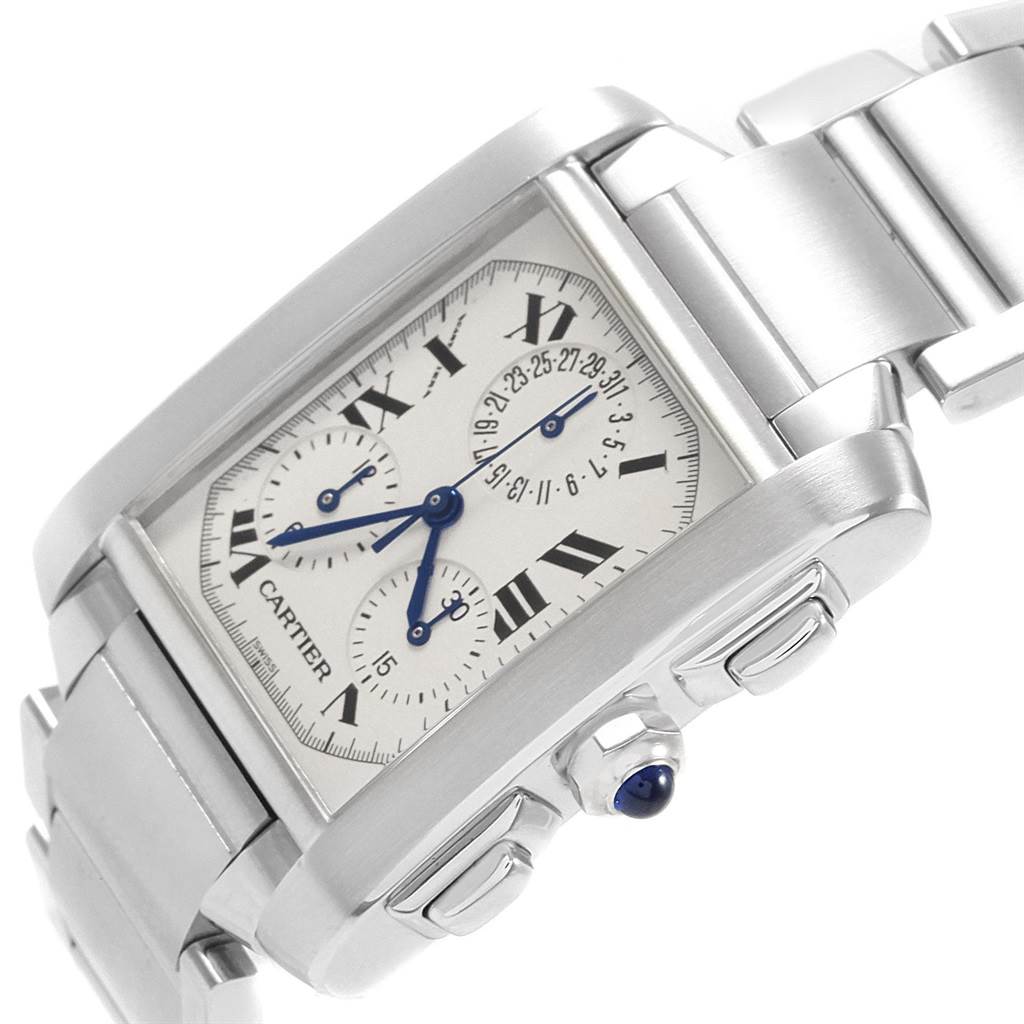 The image shows a close-up, angled view of the Cartier Tank Française watch, highlighting the dial, bracelet, and crown.