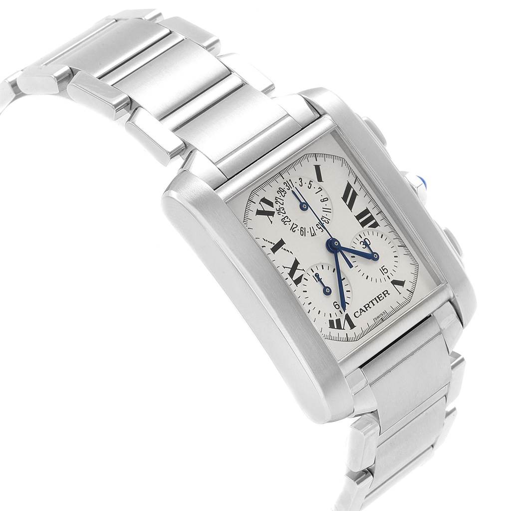 The image shows a Cartier Tank Francaise W51001Q3 Men
s Stainless Steel White Dial W51001Q3 Men
s Stainless Steel White Dial watch at an angled side view, displaying its rectangular face, silver strap, and visible dials.