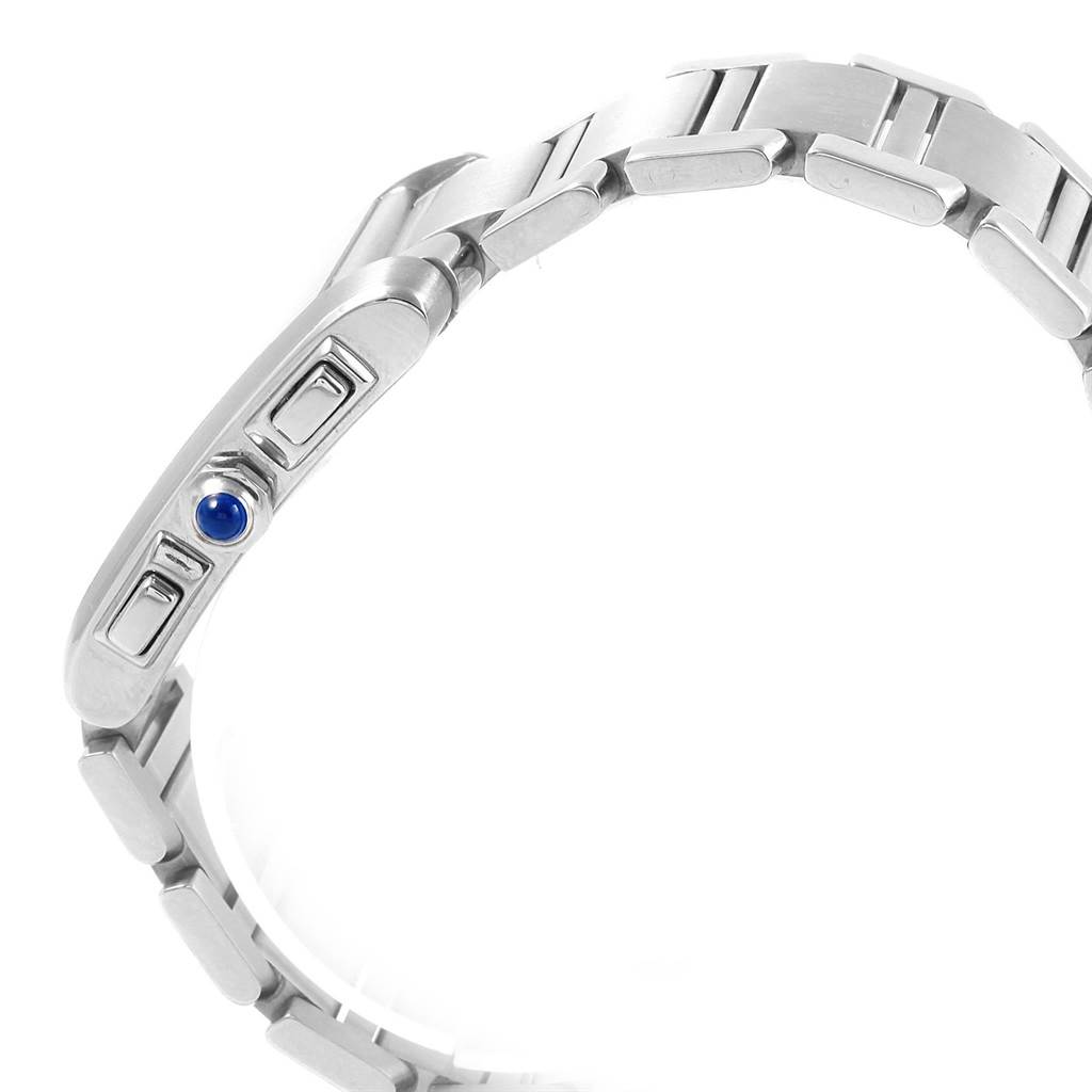 The image shows a side view of the metal bracelet and the crown with a blue cabochon stone of a Cartier Tank Francaise W51001Q3 Men
s Stainless Steel White Dial W51001Q3 Men
s Stainless Steel White Dial watch.