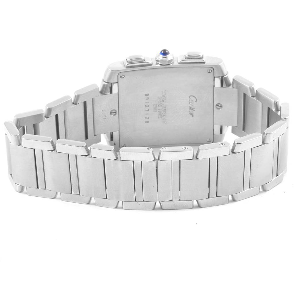 This image shows the back view of a Cartier Tank Francaise W51001Q3 Men
s Stainless Steel White Dial W51001Q3 Men
s Stainless Steel White Dial watch, highlighting its stainless steel bracelet and case back details.