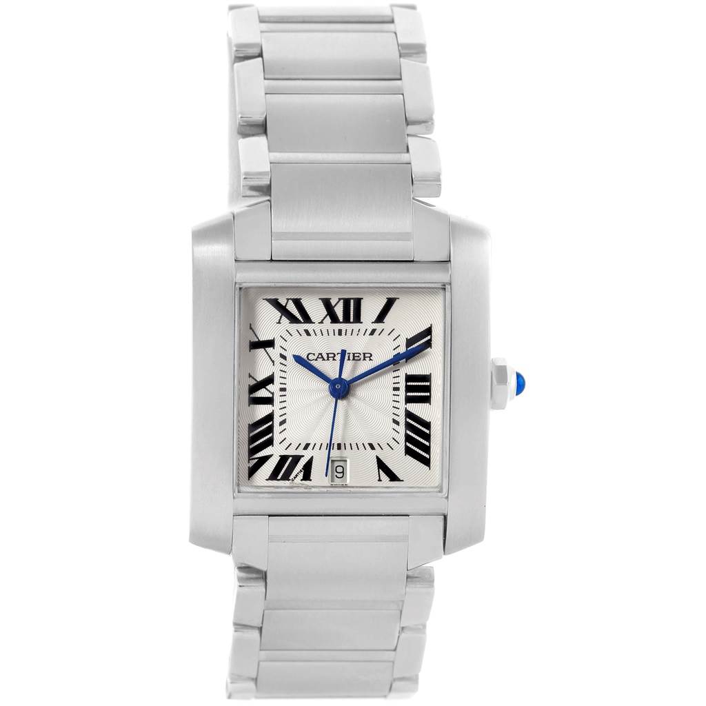 The image shows a front view of a Cartier Tank Francaise W51002Q3 Stainless Steel Silver Dial W51002Q3 Stainless Steel Silver Dial watch, including the face, dial, and part of the bracelet.
