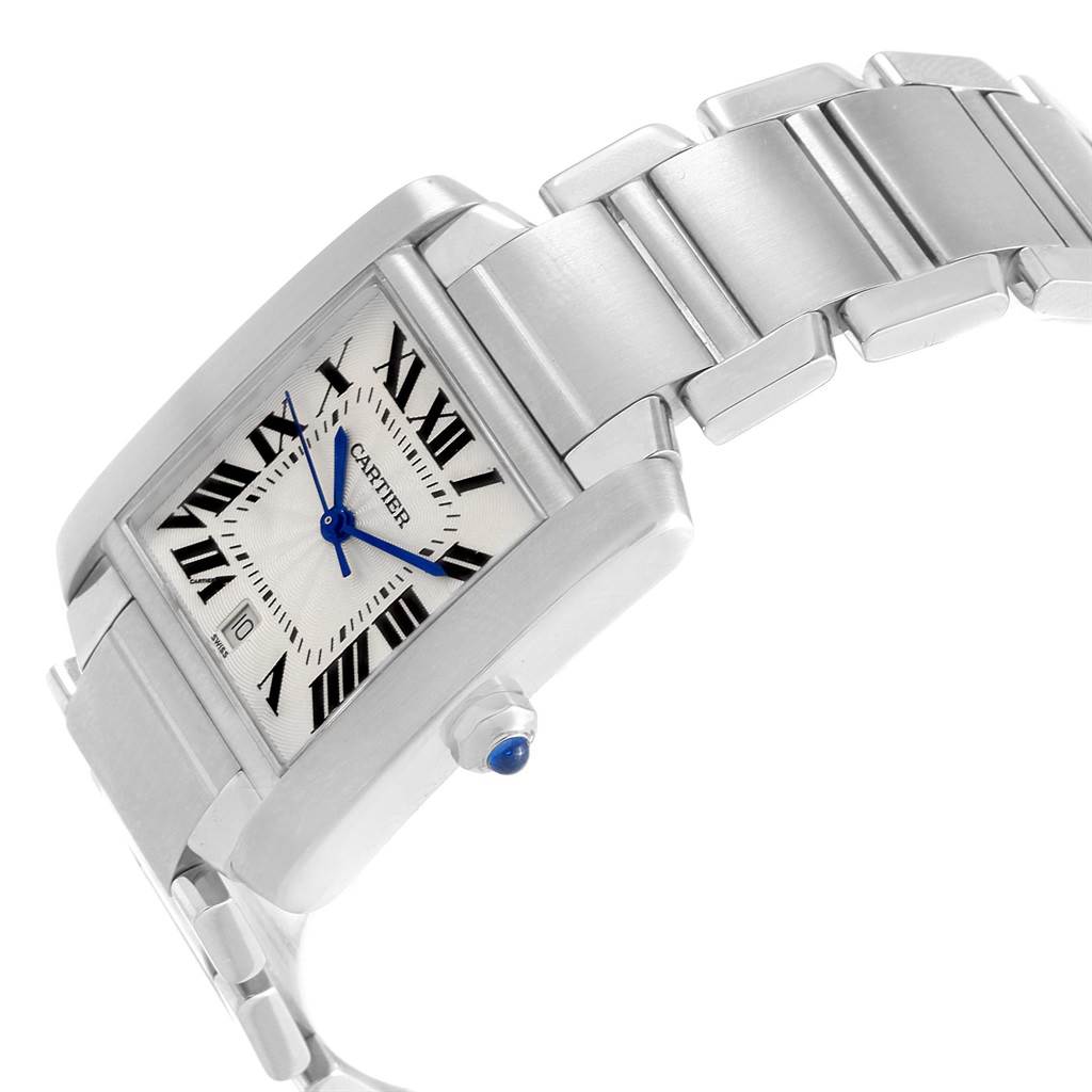 The image shows a side and partial top view of a Cartier Tank Francaise W51002Q3 Stainless Steel Silver Dial W51002Q3 Stainless Steel Silver Dial watch, highlighting the face, crown, and bracelet.