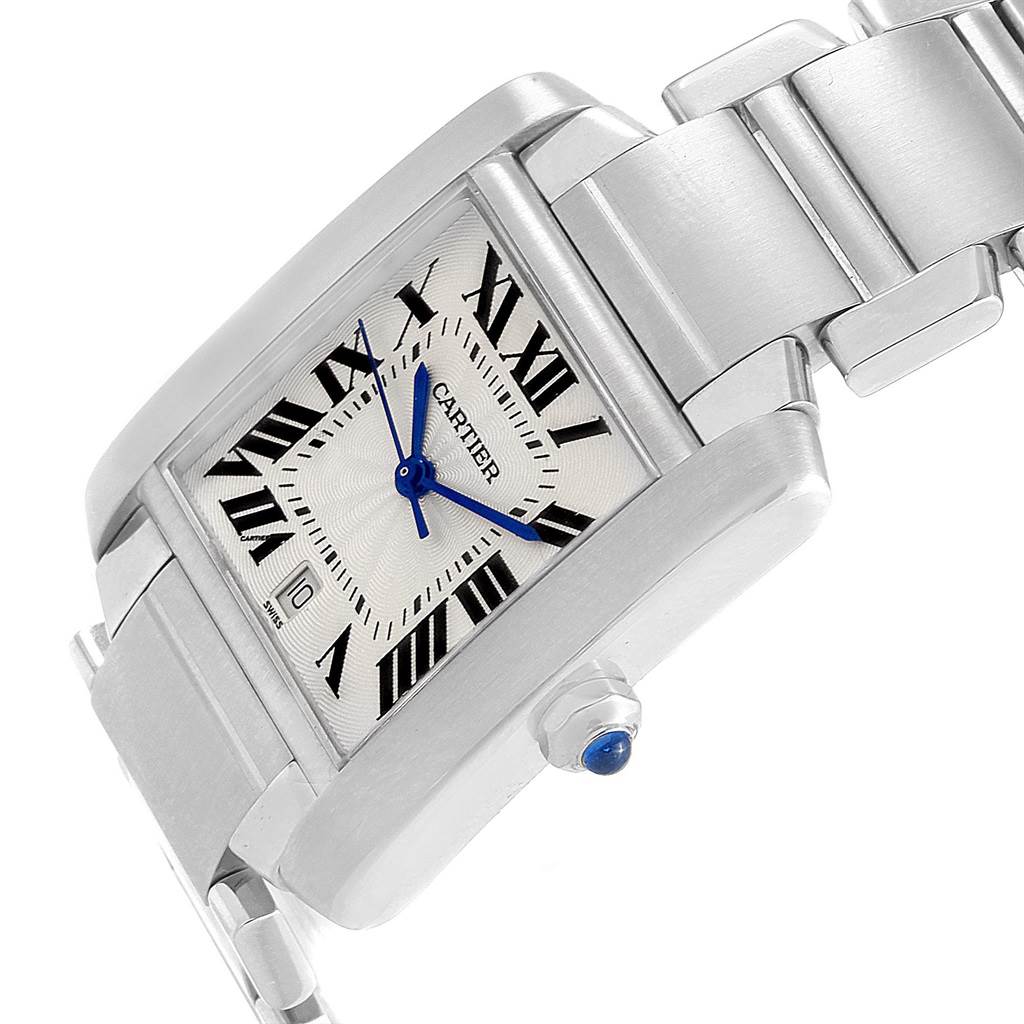 The image shows a close-up diagonal view of the Cartier Tank Francaise W51002Q3 Stainless Steel Silver Dial W51002Q3 Stainless Steel Silver Dial watch, displaying its face, bracelet, and crown.
