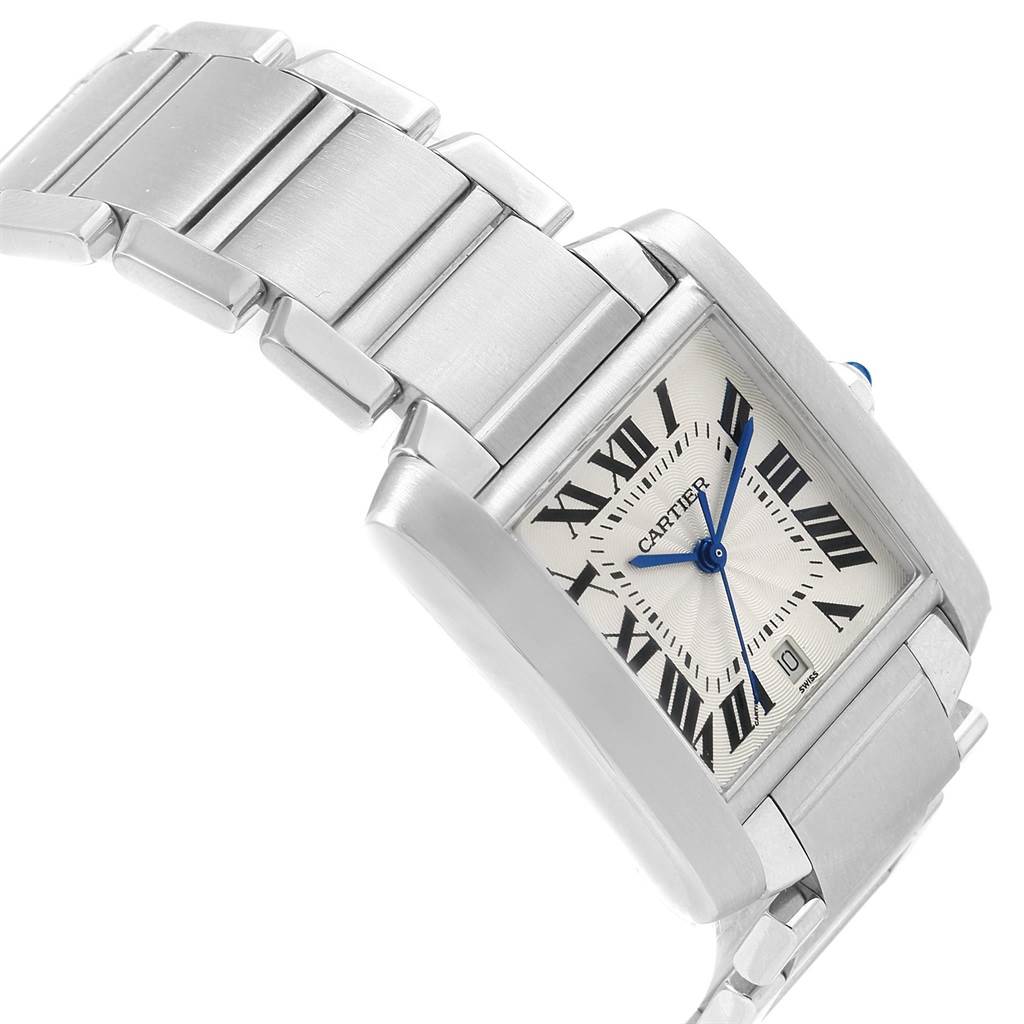 The image shows a close-up angle of the Cartier Tank Francaise W51002Q3 Stainless Steel Silver Dial W51002Q3 Stainless Steel Silver Dial watch, highlighting its face, Roman numeral dial, and metal band.
