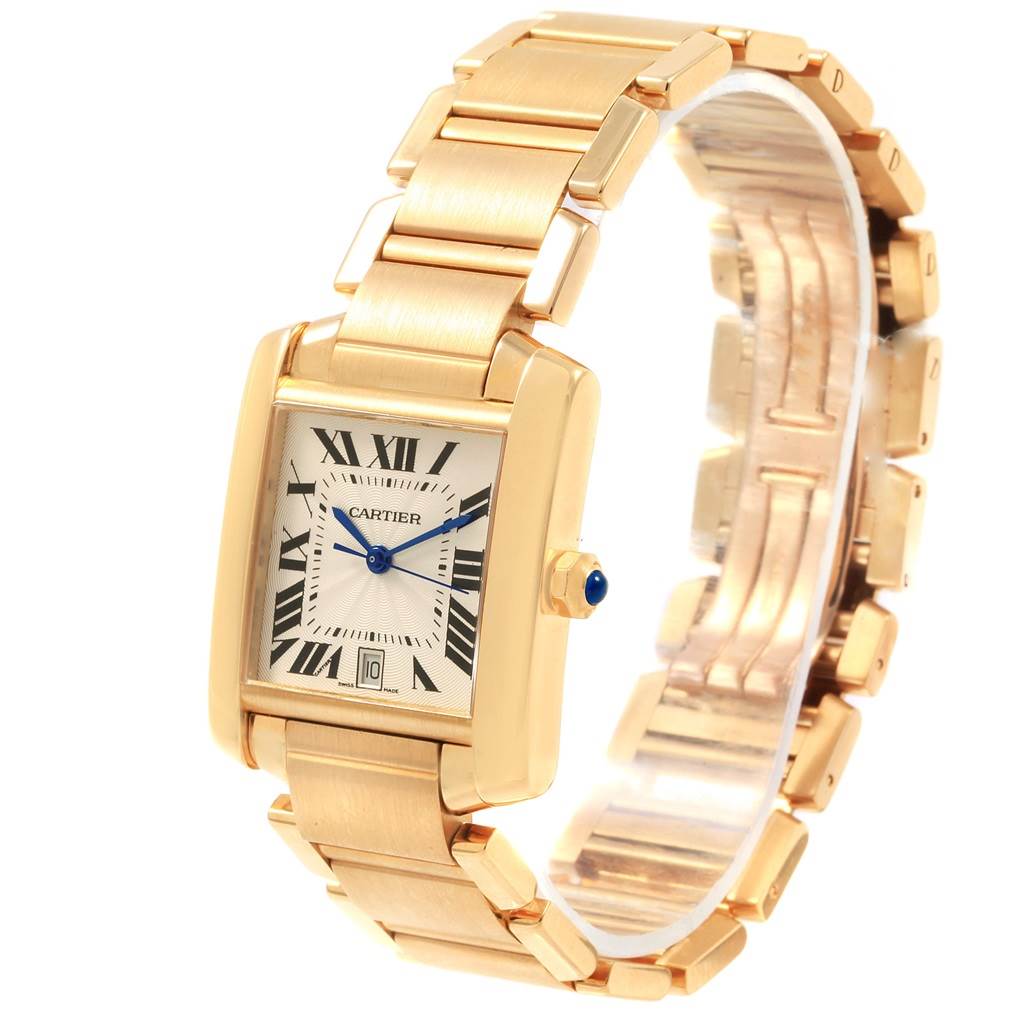 The image shows a Cartier Tank Francaise W50001R2 Yellow Gold Silver Dial W50001R2 Yellow Gold Silver Dial watch at a slight angle, highlighting its rectangular case, bracelet, and dial with Roman numerals.