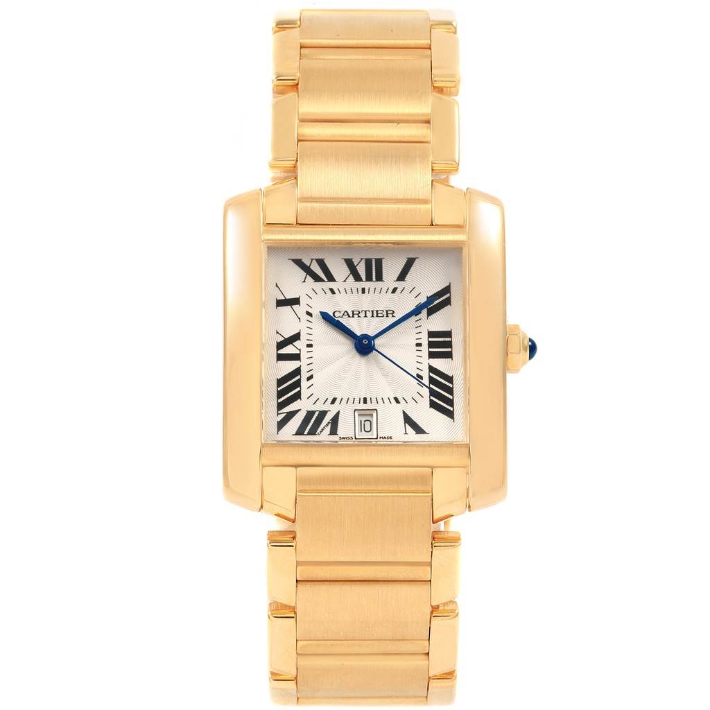This image shows a Cartier Tank Francaise W50001R2 Yellow Gold Silver Dial W50001R2 Yellow Gold Silver Dial watch from a front view, highlighting the dial, bracelet, and case.