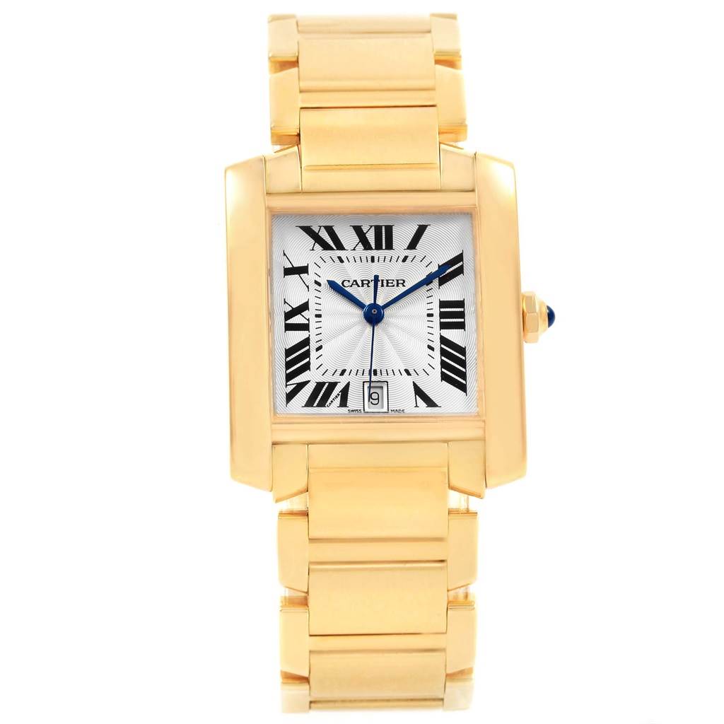 This is a front view of the Cartier Tank Francaise W50001R2 Yellow Gold Silver Dial W50001R2 Yellow Gold Silver Dial watch, showcasing its rectangular face, Roman numerals, and gold bracelet.