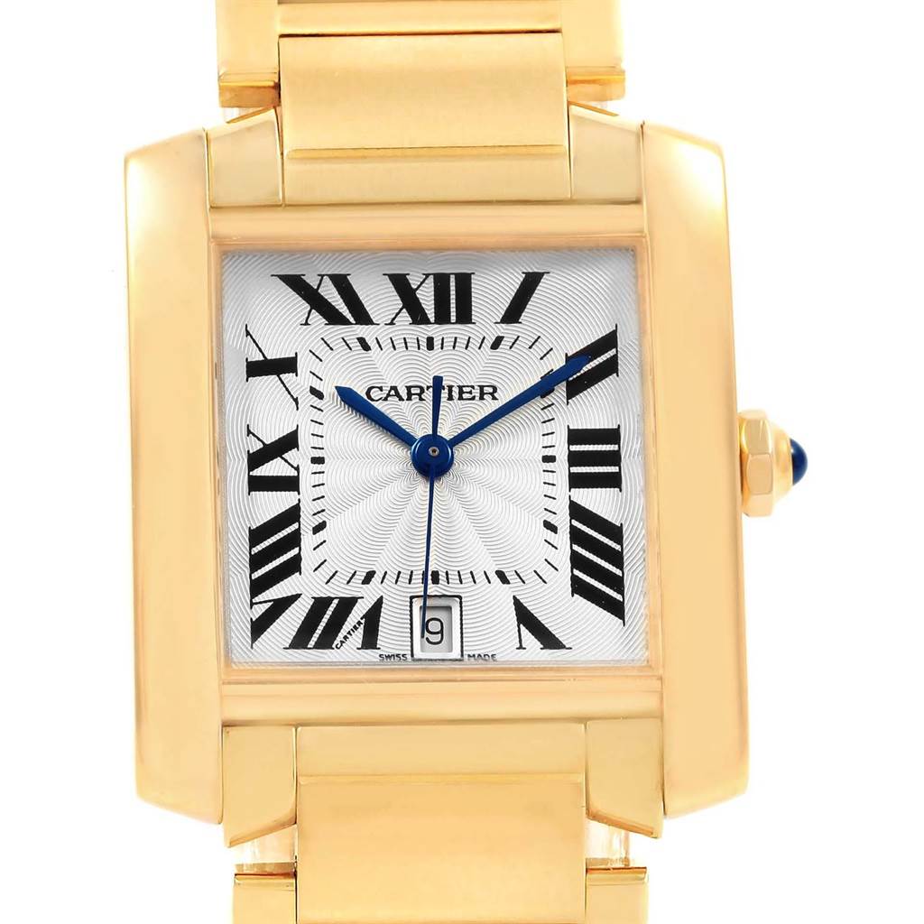 The image shows a close-up of the face and part of the bracelet of a Cartier Tank Francaise W50001R2 Yellow Gold Silver Dial W50001R2 Yellow Gold Silver Dial watch.