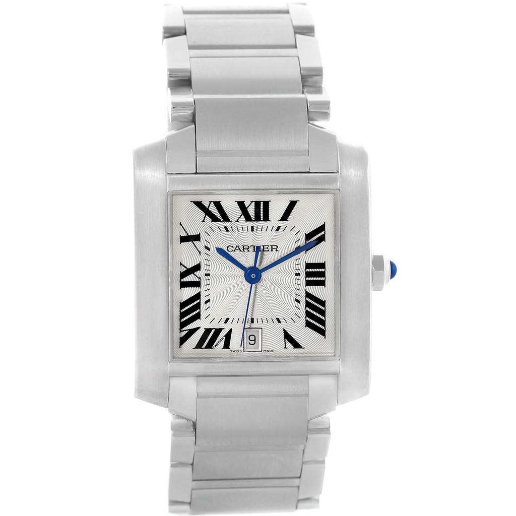 The image shows a front view of a Cartier Tank Francaise W51002Q3 Stainless Steel Silver Dial W51002Q3 Stainless Steel Silver Dial watch, highlighting its stainless steel case, Roman numeral dial, and metal bracelet.