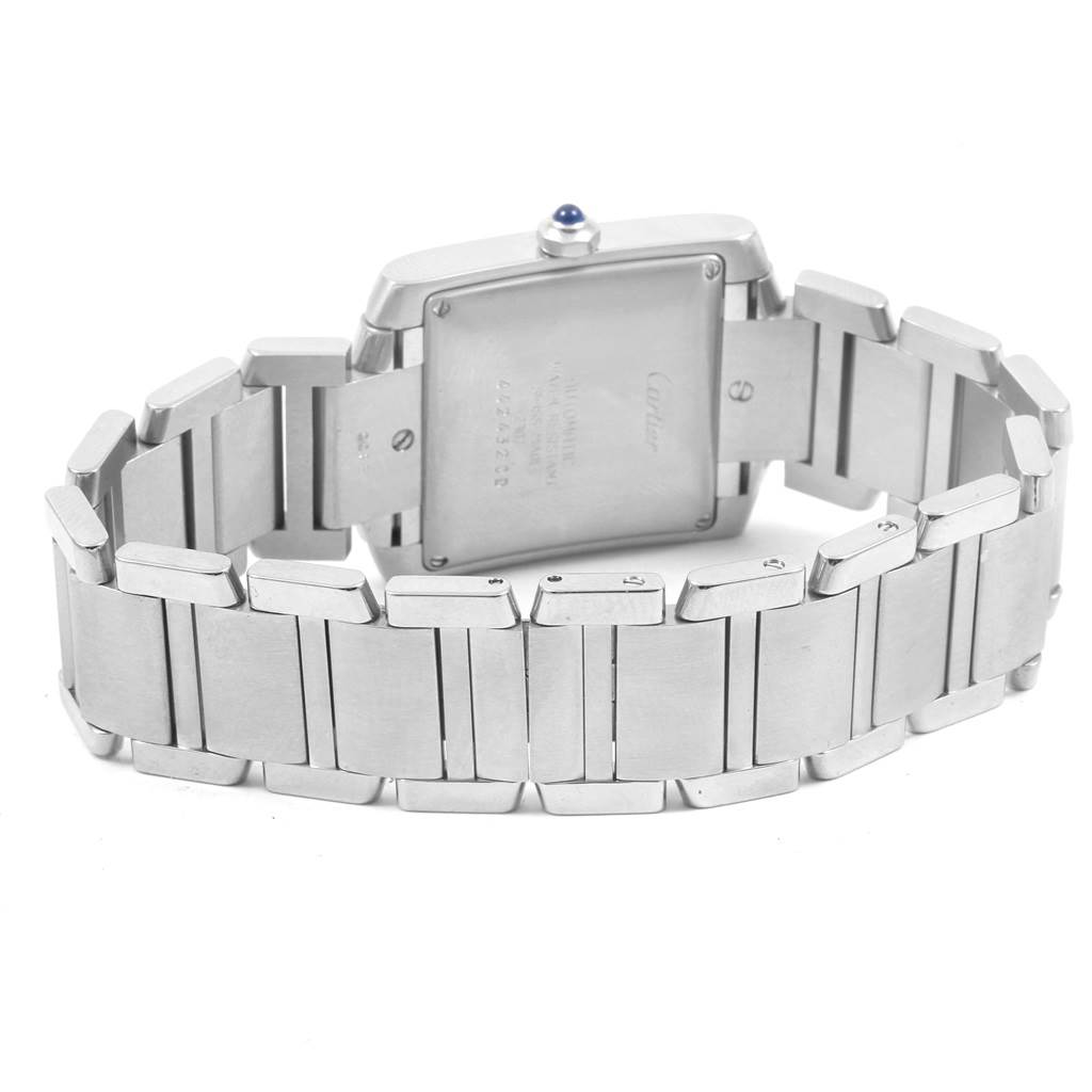 This image shows the back view of the Cartier Tank Française watch, showcasing its stainless steel case and bracelet.