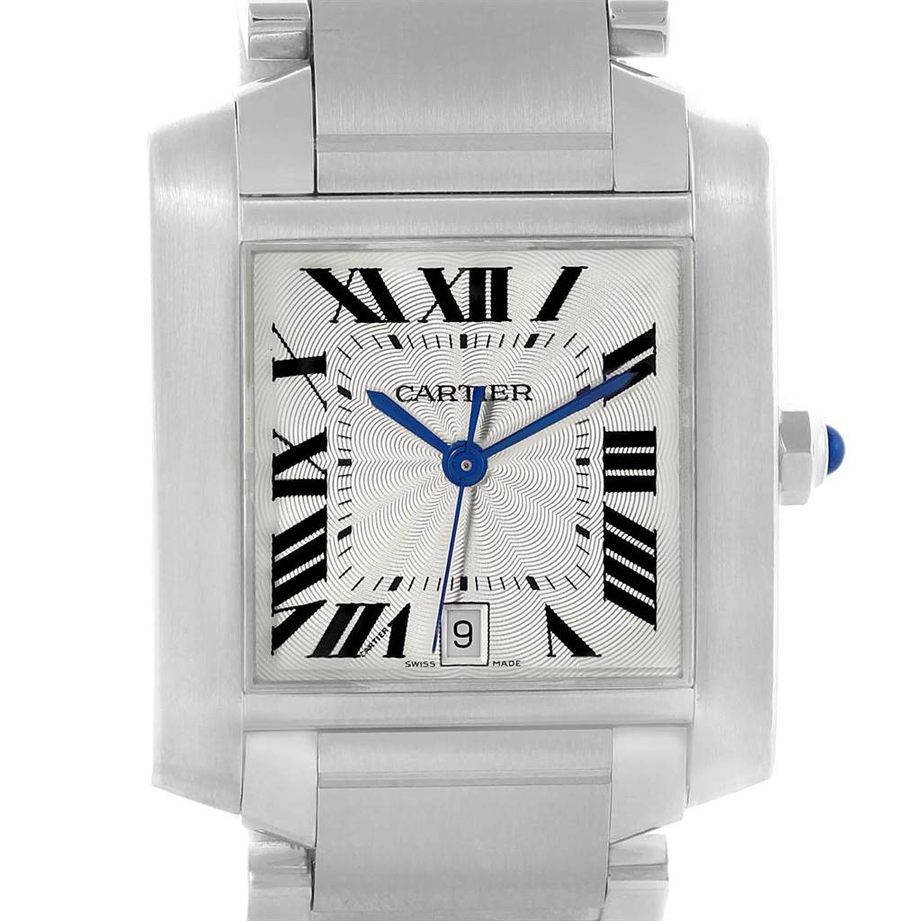 The Cartier Tank Francaise W51002Q3 Stainless Steel Silver Dial W51002Q3 Stainless Steel Silver Dial watch is shown from the front, displaying its rectangular face, Roman numerals, blue hands, and date window.