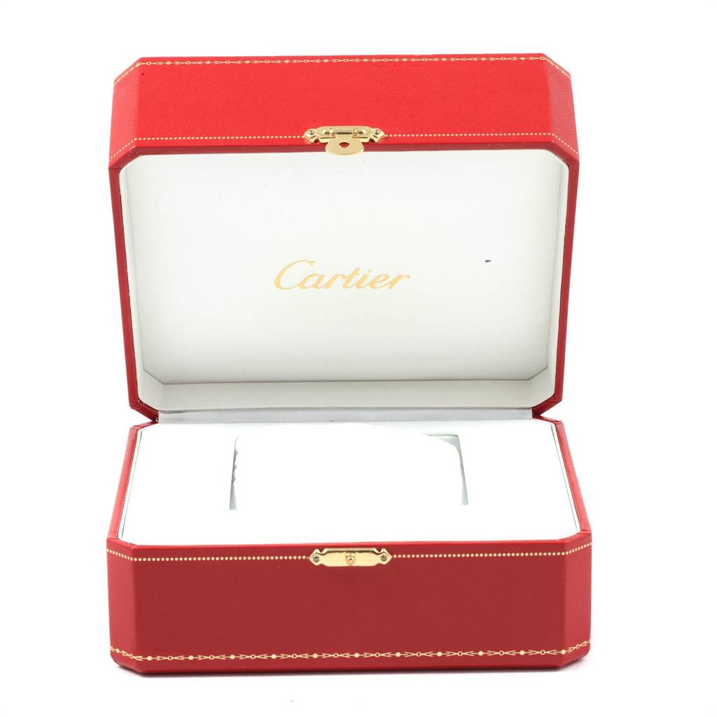 This image shows an open Cartier watch box for the Tank Française model, displaying the brand logo inside.