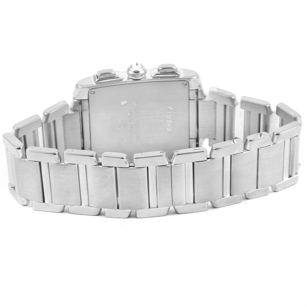 The image displays the back and bracelet of a Cartier Tank Francaise 2367 Men's White Gold Silver Dial 2367 Men's White Gold Silver Dial watch at a slight upward angle.