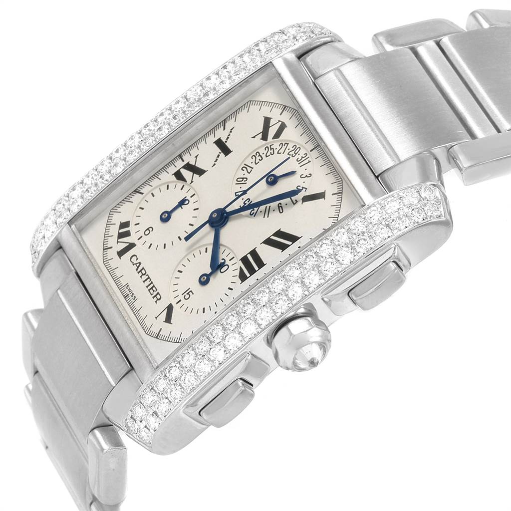 The Tank Francaise by Cartier is shown at an angled view, highlighting its dial, chronograph sub-dials, and diamond-accented bezel.