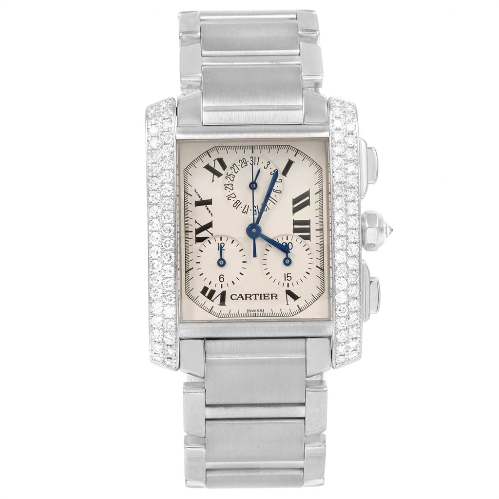 The image displays a frontal view of a Cartier Tank Francaise 2367 Men's White Gold Silver Dial 2367 Men's White Gold Silver Dial watch, showing the dial, bezel with diamonds, and part of the stainless steel bracelet.