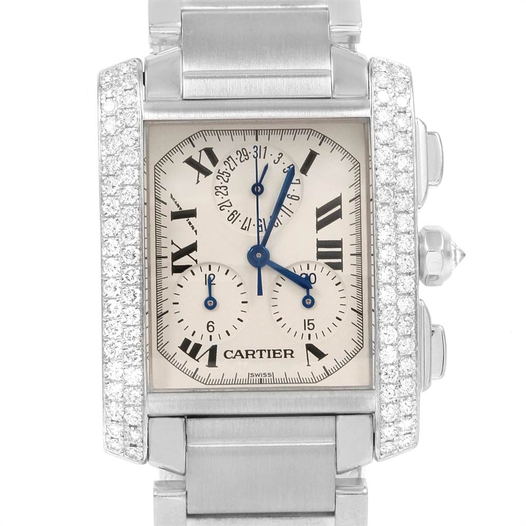 This image shows a close-up, front-facing view of the dial and part of the bracelet of a Cartier Tank Francaise 2367 Men's White Gold Silver Dial 2367 Men's White Gold Silver Dial watch.