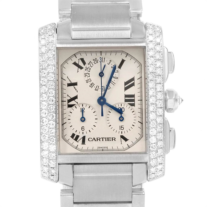 Cartier Tank Francaise Chrongraph White Gold Diamond Mens Watch 2367 SwissWatchExpo