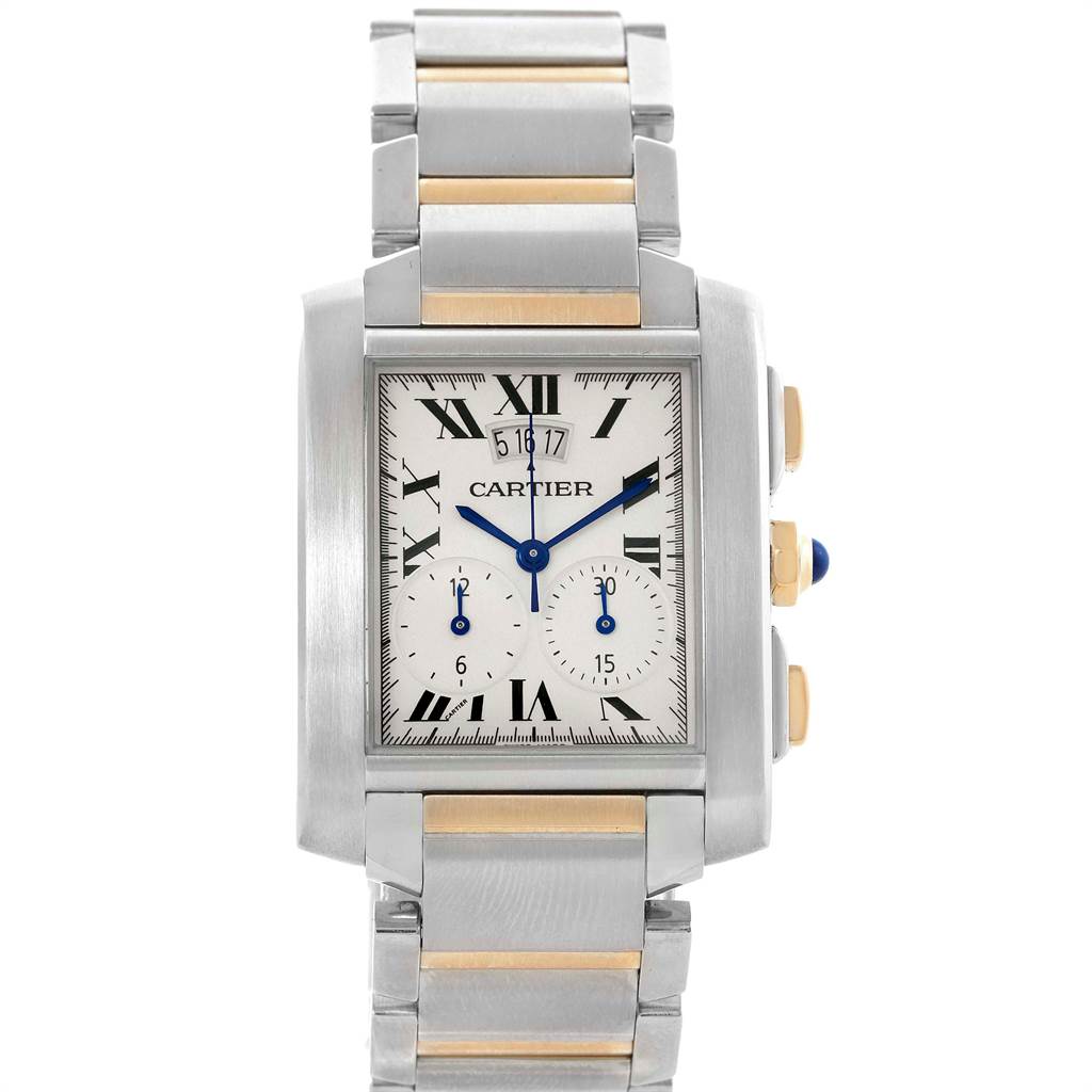 The image shows a Cartier Tank Française watch from a front angle, highlighting its face, bracelet, and side pushers.