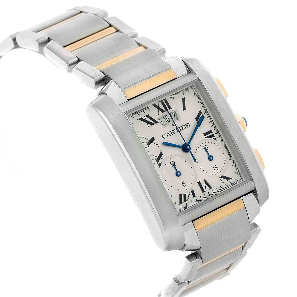 The image shows a Cartier Tank Francaise W51004Q4 Men
s Steel and Gold (two tone) Silver Dial W51004Q4 Men
s Steel and Gold (two tone) Silver Dial watch angled to display the dial and two-tone metal bracelet.