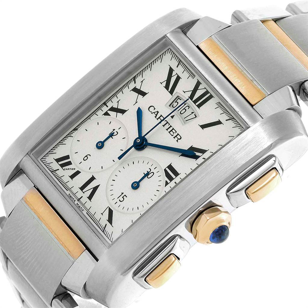 This image shows a close-up angled view of the Cartier Tank Francaise W51004Q4 Men
s Steel and Gold (two tone) Silver Dial W51004Q4 Men
s Steel and Gold (two tone) Silver Dial watch, highlighting its face, crown, and part of the bracelet.
