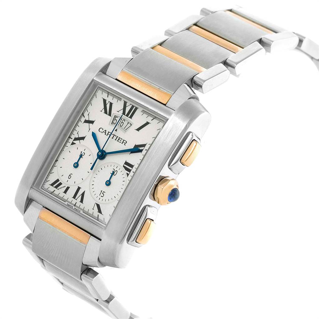 The Cartier Tank Francaise W51004Q4 Men
s Steel and Gold (two tone) Silver Dial W51004Q4 Men
s Steel and Gold (two tone) Silver Dial watch is shown at a slight angle, highlighting its dial, crown, and partly the metal bracelet.