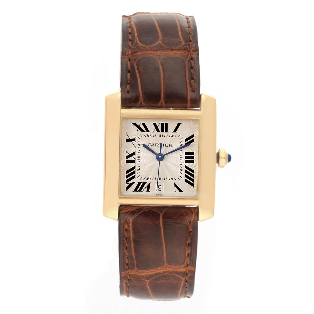 The Cartier Tank Francaise W5000156 Yellow Gold Silver Dial W5000156 Yellow Gold Silver Dial watch is shown from a front view, displaying the face, Roman numerals, classic hands, and leather strap.