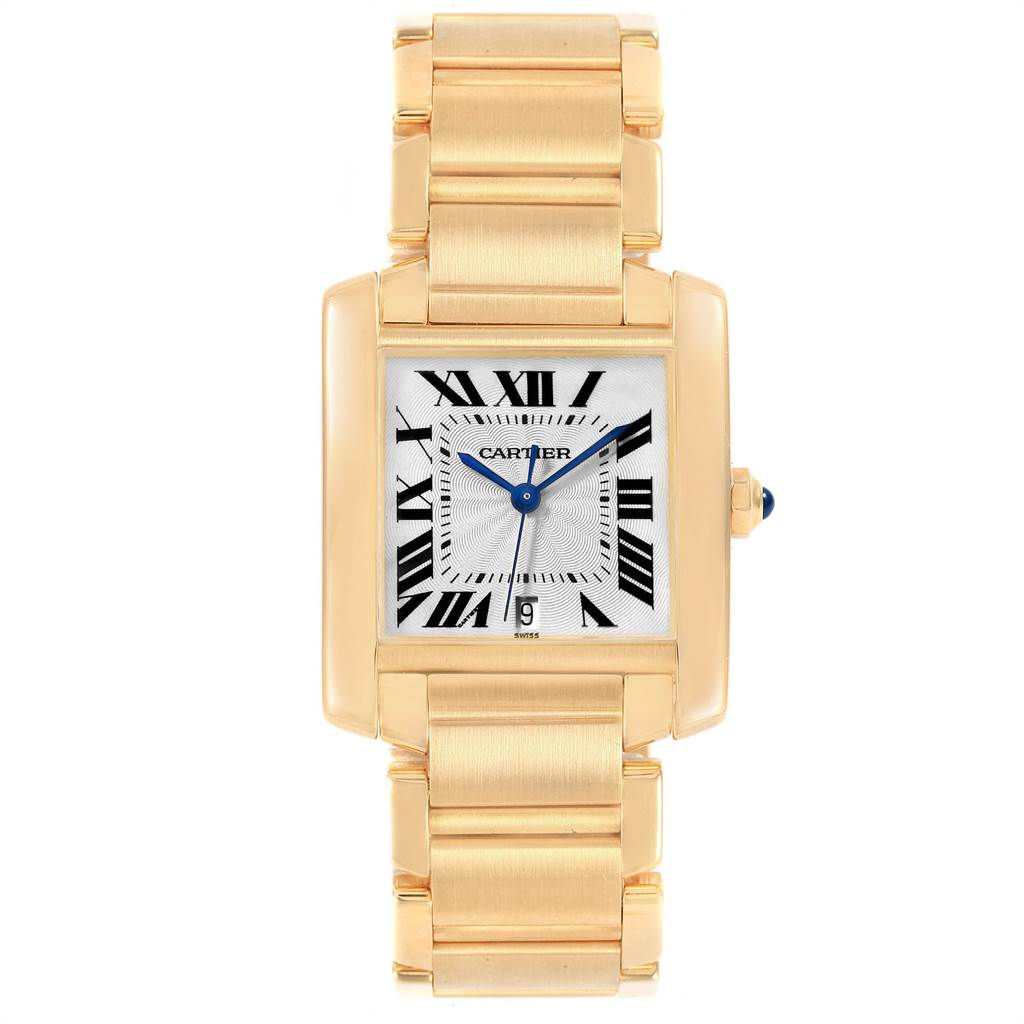 This image shows a Cartier Tank Francaise W50001R2 Men's Yellow Gold Silver Dial W50001R2 Men's Yellow Gold Silver Dial model watch viewed from the front, displaying its rectangular face, Roman numerals, and gold bracelet.