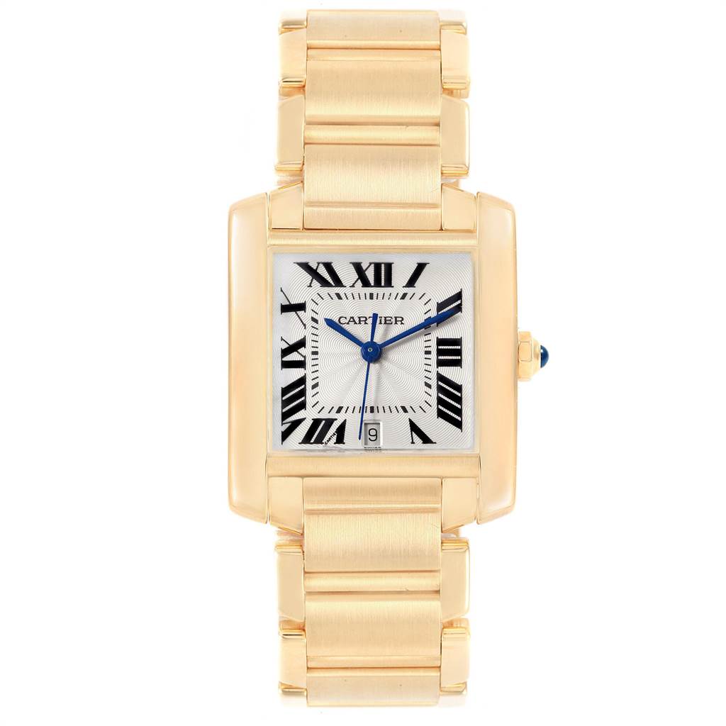 The image shows a Cartier Tank Française watch from a front angle, highlighting its face, bracelet, and Roman numeral dial.