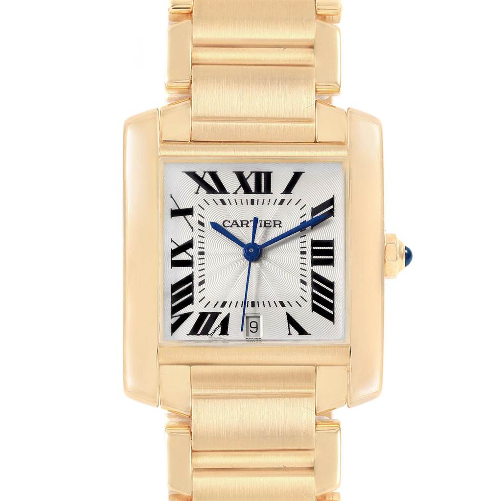 The image shows a close-up front view of the Cartier Tank Francaise W50001R2 Yellow Gold Silver Dial W50001R2 Yellow Gold Silver Dial watch, highlighting the face and part of the gold bracelet.