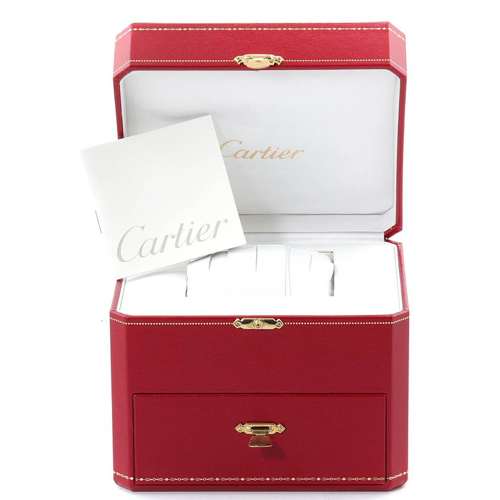 The image shows an opened red Cartier watch box for the Tank Francaise model, with the booklet inside.