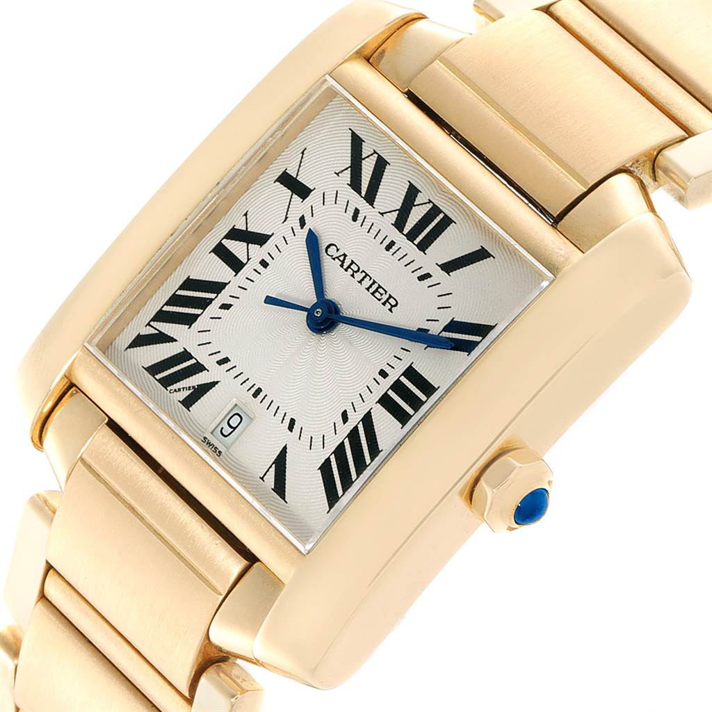 The image shows a close-up angled view of the Cartier Tank Francaise W50001R2 Yellow Gold Silver Dial W50001R2 Yellow Gold Silver Dial watch displaying the face, crown, and part of the band.